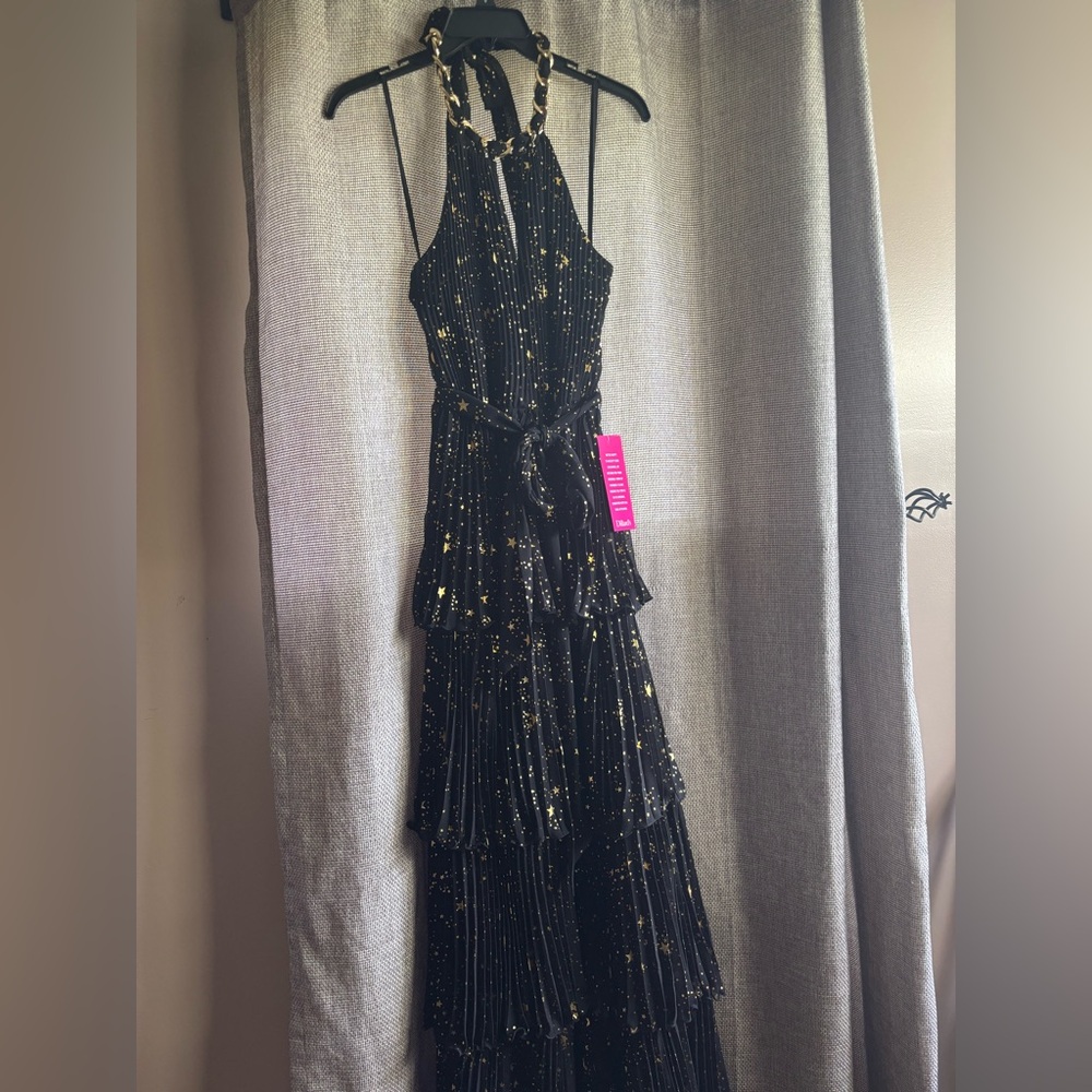 New Dillard Alex Marie Black & Gold Stars, Maxi, Ruffle, Halter Neck Prom Dress
